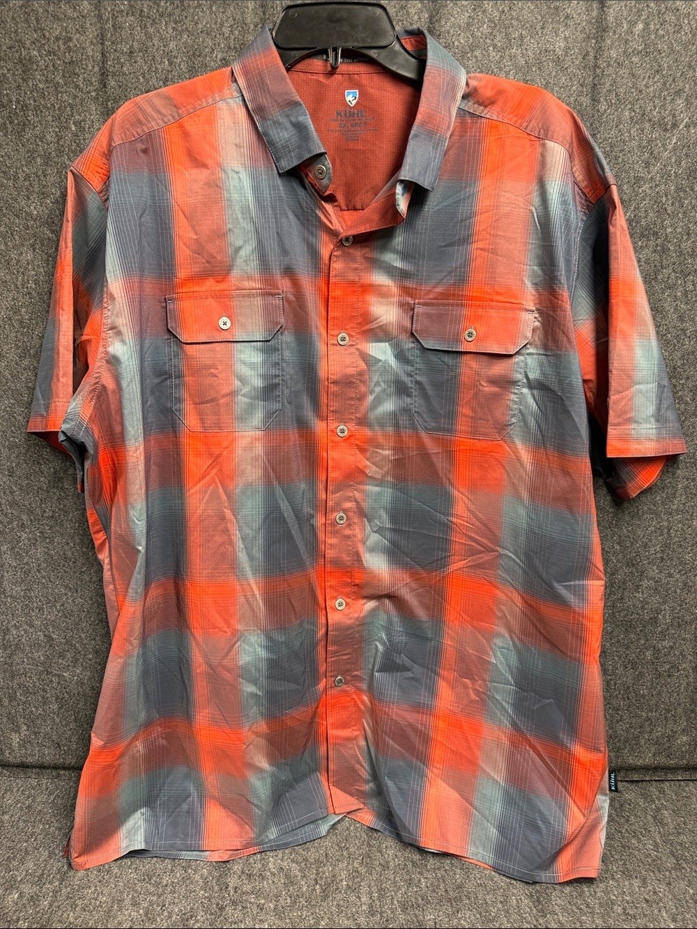 Kuhl Men’s Short Sleeve Plaid Shirt in Orange Red and Gray